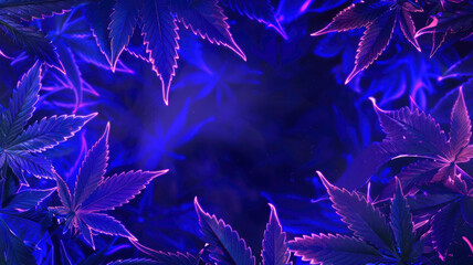 neon frame purple cannabis leaves bright cannabis weed - obrazy, fototapety, plakaty