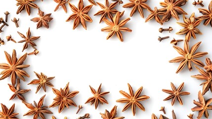 Anise stars frame and border isolated on white, top view
