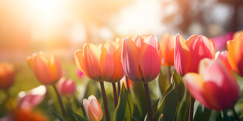  summer tulip flower, Sunblooming bright tulip flower in field, Immersed in Blooms Panorama of Tulip Field Varied Types Colors, Small tulips bouquet of original colors for cute gift, Generative AI
