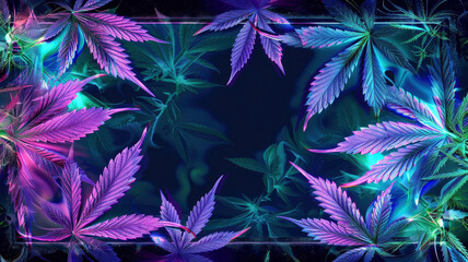 neon frame purple cannabis leaves bright cannabis weed