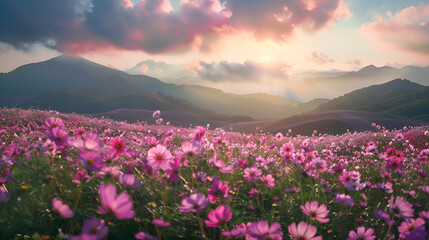 Beautiful Cosmos Flower Field in Vibrant Colors Under Clear Blue Sky, Serene Nature Landscape with Blossoming Flowers, Generative AI

