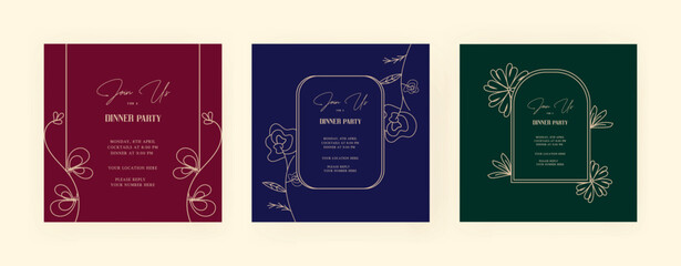 Set of dinner invitation post template with luxury. floral. gold. EPS vector illustration