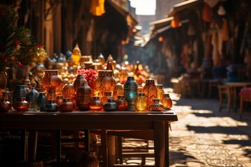 A table decorated with vases and candles in a narrow city street