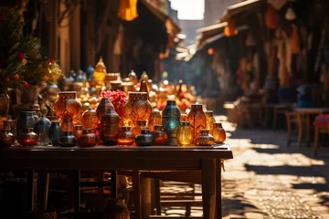 Fototapete Rund A table decorated with vases and candles in a narrow city street © JackDong