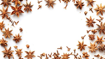 Anise stars frame and border isolated on white, top view

