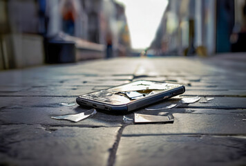 Broken mobile smart phone lies on uneven pavement with broken glass all around. Selective focus and shallow depth of field. - 757395103