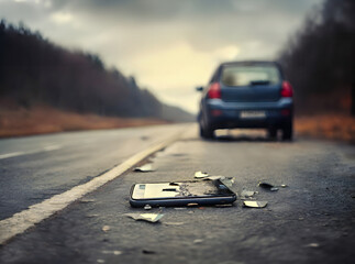 Broken mobile phone lies on a country road with a car seen in the background. - 757395113