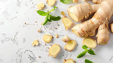 Ginger root with slice and mint leaf on white paper background , top view , flat lay. - obrazy, fototapety, plakaty