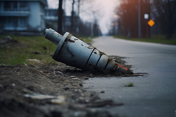 The tail of rocket sticking. Unexploded shell. Rocket from stuck in the ground. Rocket fired at civilians.