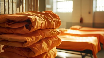 orange prison suit folded washed inside the prison in a cell in high resolution and high quality