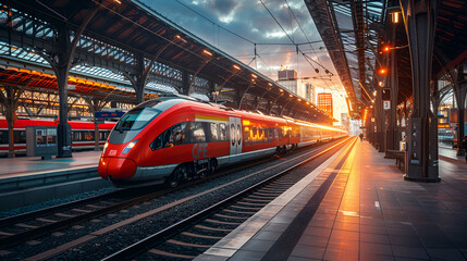Beautiful Railway Station with Modern Red Commuter Train, Urban Transportation Hub with Elegant Architecture, Generative AI

 - obrazy, fototapety, plakaty