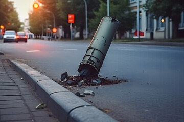 The tail of rocket sticking. Unexploded shell. Rocket from stuck in the ground. Rocket fired at civilians.