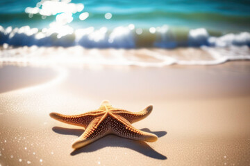 starfish lies on the coastline next to the water under the rays of the sun. against the backdrop of the sea and the tropics. Place for text and advertising.