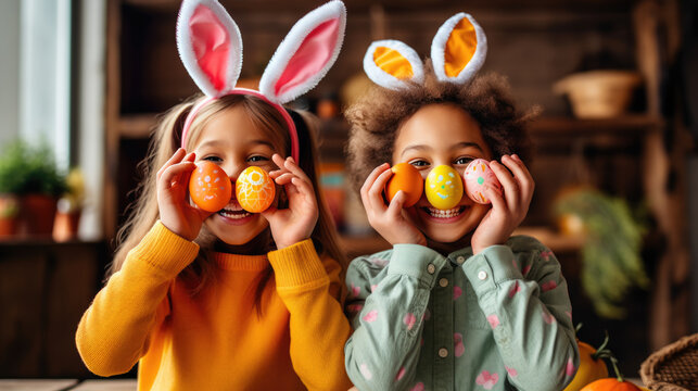 Two joyful children are wearing bunny ears and holding decorated Easter eggs up to their eyes like glasses, with a rustic kitchen setting in the background.