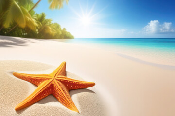 Fototapeta na wymiar starfish lies on the coastline next to the water under the rays of the sun. against the backdrop of the sea and the tropics. Place for text and advertising.