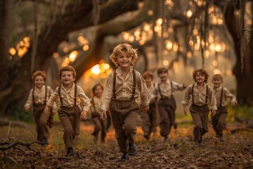 Caucasian children running in shirt and pants in the forest, beautiful sunset - obrazy, fototapety, plakaty
