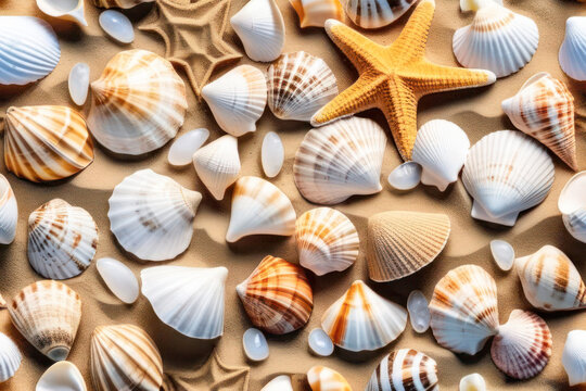 background depicting shells, starfish and mollusks. Coast and shallow waters. Free space for text.