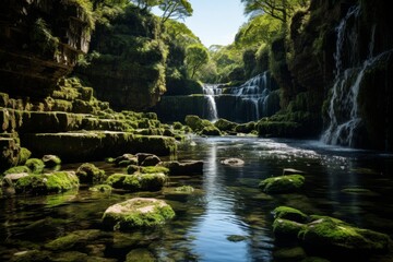 A waterfall flows in a river, surrounded by trees in a natural landscape