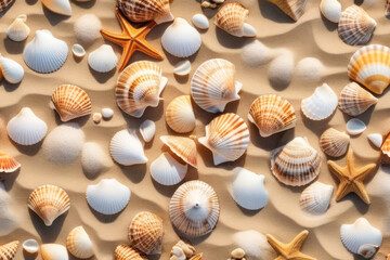 background depicting shells, starfish and mollusks. Coast and shallow waters. Free space for text.
