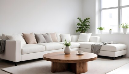 Fototapeta na wymiar Round wood coffee table near grey corner sofa in room with white wall. Minimalist, loft home interior design of modern living room.