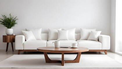 Fototapeta na wymiar Round wood coffee table near grey corner sofa in room with white wall. Minimalist, loft home interior design of modern living room.