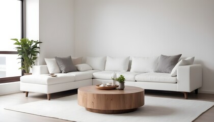  Round wood coffee table near grey corner sofa in room with white wall. Minimalist, loft home interior design of modern living room.