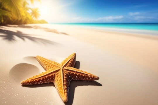 starfish lies on the coastline next to the water under the rays of the sun. against the backdrop of the sea and the tropics. Place for text and advertising.