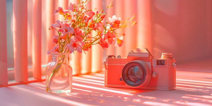 camera lens on studio background with spring beauty flowers  