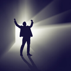 Abstract, silhouette and businessman in studio for celebration for good news or promotion. Illustration, light and shadow of professional person cheering for winning or success by black background.