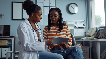 Healthcare professional, likely a doctor, showing information or discussing a topic on a tablet with a patient.