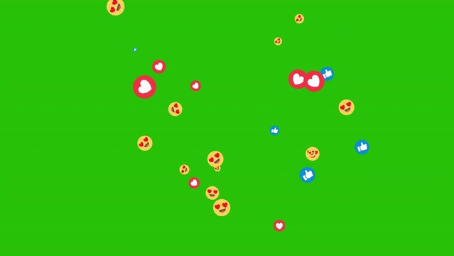 Social media emojis of hearts animation exploding on green screen, chromakey