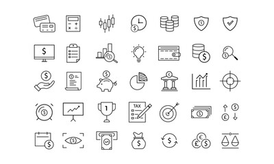 Set of 35 Finance line icons set. Finance outline icons collection. Includes Bank, Money, Coins, Bitcoin, Currency Exchange and More.