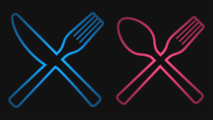 Glowing blue red kitchen tableware logo. Cross Fork and knife and cross Fork and spoon on black background.
