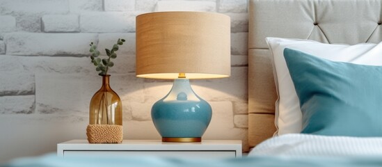 bedside table with lamp and small plant beside the bed.