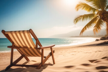 Fototapeta premium sun lounger on the beach under a palm tree, in the background there is a coastline with turquoise water. Rays of the sun in the frame. It's time for vacation 2024, tourist season.
