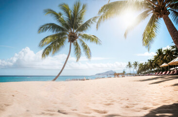 sun lounger on the beach under a palm tree, in the background there is a coastline with turquoise...