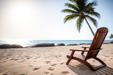 sun lounger on the beach under a palm tree, in the background there is a coastline with turquoise water. Rays of the sun in the frame. It's time for vacation 2024, tourist season.