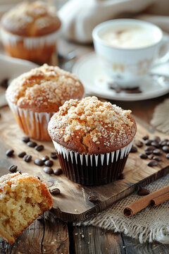 Close-Up of Homemade Muffins with Coffee. Close-up of muffins with streusel topping paired with coffee, ideal for culinary themes.