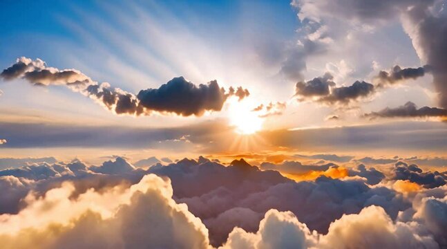 Cloudscape timelapse of sunset sky clouds with nice blue and yellow colors and sunlight through clouds Beautiful clouds in the sky with sunbeam at sunset
