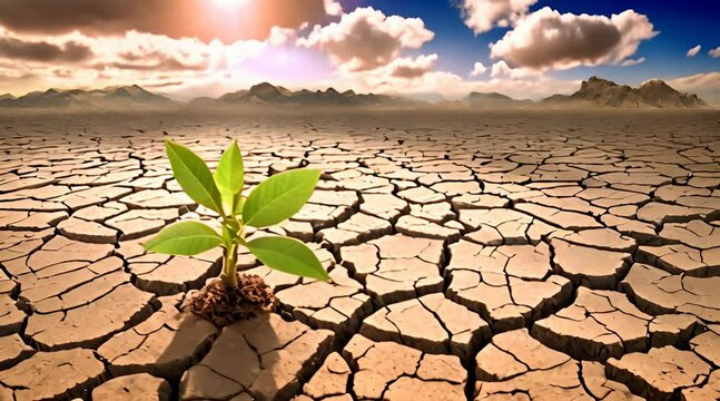 Cracked earth desolate landscape loop Climate change concept Global warming Plant growing from a crack can be joined to the end