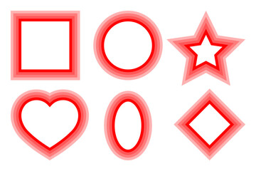 Set of red abstract frames. Transparent gradient overlay pattern. Blended lines effect. Geometric shapes: square, circle, heart, rhombus, star, oval.
