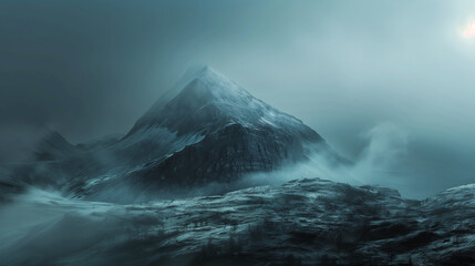 Eerie blue-toned mountain landscape shrouded in fog, suitable for themes of mystery and nature. - 757397146