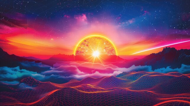 Retro neon sunset synth wave background from the 80s. Cyber ​​grid with abstract futuristic steam, sun and mountain landscape.