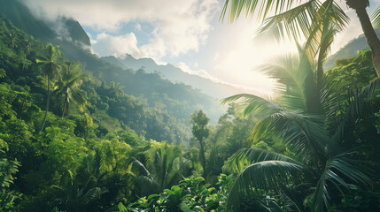 Fototapeta na wymiar Lush tropical jungle with mountains at sunrise, suitable for travel and nature themes.