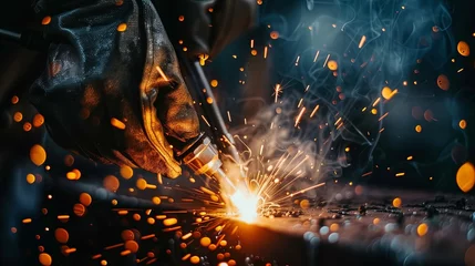 Foto op Aluminium Welder hand weraing gloves welding in workshop hot metal © Barosanu