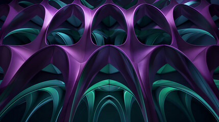 3d render of purple and green arches on black background, symmetrical grid pattern