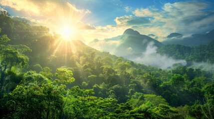 Sunrise over misty mountain forest ideal for nature themes, travel and relaxation. - Powered by Adobe