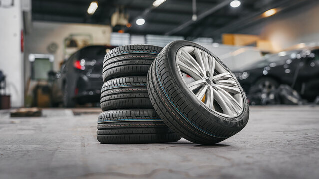 tire at repairing service garage background. Technician man replacing winter and summer tyre for safety road trip. Transportation and automotive maintenance concept
