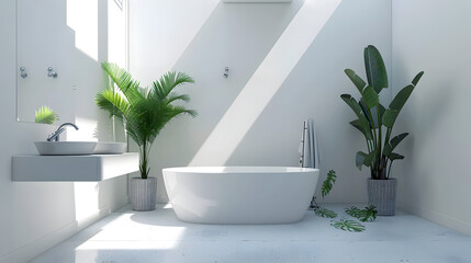 A sleek bathroom setting under a staircase, featuring a clean white tub and vibrant plants enhancing the space's crisp modern look