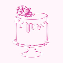 A hand-drawn illustration of a delicious cake with a slice of fruit placed on top, showing intricate details and vibrant colors in the artwork